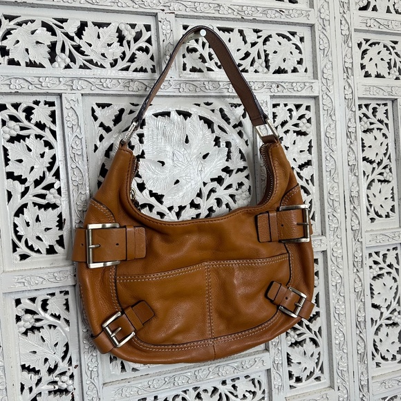 Michael Kors Camel Brown Buckle Crescent Moon Shaped Leather Shoulder Bag - Picture 1 of 9